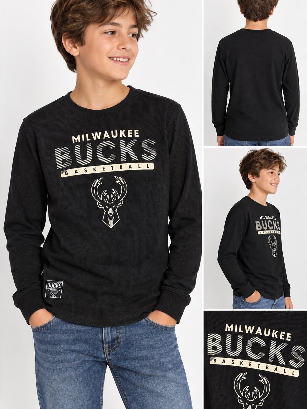 NBA Milwaukee Bucks Black Crewneck Sweatshirt with Cream Logo